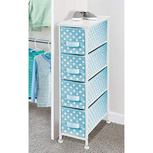 Load image into Gallery viewer, mDesign Narrow Vertical Dresser Drawers - Sturdy Steel Frame, Wood Top, 4 Easy Pull Fabric Bins - Organizer Unit for Child/Kids Room or Nursery - Polka Dot Pattern - Turquoise Blue with White Dots