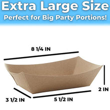 Load image into Gallery viewer, Eco Friendly, USA-Made 3lb Food Holder Trays 150 Pack. Compostable Kraft Paper Container for Diners, Concession Stands or Camping. Best Sturdy 3 Lb Disposable Party Snack Boat for Nachos, Tacos or BBQ