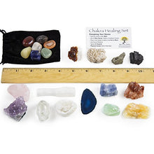 Load image into Gallery viewer, 21 Healing Crystals and Chakra Kit: Amethyst, Selenite, Pyrite, Clear Quartz, Half Geode, Rose Quartz, Citrine, Desert Rose, Agate, Tourmaline and 4 Calcites (Red,Green,Blue,Orange) + 7 Chakra Stones