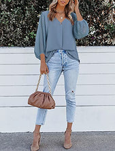 Load image into Gallery viewer, Bebonnie Work Clothes for Women Office,Juniors Blouses for Women 2022 Fashion 3/4 Balloon Sleeve Causal Summer Fall V Neck Chiffon Feminine Elegant Blouses & Button-Down Shirts Blue Grey Large
