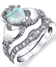 Load image into Gallery viewer, Sterling Silver 925 Heart Shape Claddagh Engagement Ring Wedding Bridal Sets with White Simulated Opal 7