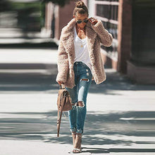 Load image into Gallery viewer, haoricu Womens Faux Shearling Jacket Casual Lapel Fleece Fuzzy Jacket Shaggy Oversized Jacket Warm Cardigan Coat Beige