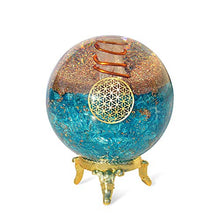 Load image into Gallery viewer, Orgonite Crystal Blue Aquamarine Crystal Ball with Stand for Positive Energy, E-emission Protection and Chakra Balancing –with Flower of Life Symbol to Promote Purpose, Serenity and Courage