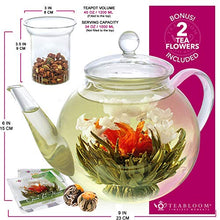 Load image into Gallery viewer, Teabloom Stovetop & Microwave Safe Glass Teapot (40 OZ / 1.2 L) with Removable Loose Tea Glass Infuser – Includes 2 Blooming Teas – 2-in-1 Tea Kettle and Tea Maker (Holds 4-5 Cups)