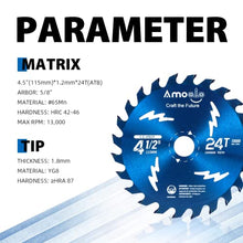 Load image into Gallery viewer, Amoolo 4-1/2" 24T Arbor Circular Saw Blade for Cutting Wood, Plastic and Wood Composite with 5/8" Arbor (4.5"-3pcs)