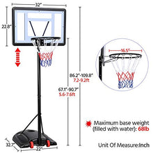 Load image into Gallery viewer, YAHEETECH 7.2-9.2ft Basketball Hoop Backboard System Portable Removeable Basketball Hoop & Goals Outdoor/Indoor Adjustable Height Basketball Set for Kids/Youth/Teenagers