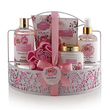Load image into Gallery viewer, Home Spa Gift Basket - Wild Rose & Raspberry Leaf Scent - Luxurious 7 Piece Bath & Body Set For Men/Women, Contains Shower Gel, Body Lotion, Body Scrub, Bath Salt, Body Mist, Bath Puff & Shower Caddy