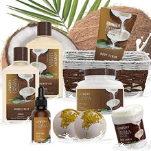 Load image into Gallery viewer, Bath and Body Gift Basket For Women and Men – 9 Piece Set of Vanilla Coconut Home Spa Set, Includes Fragrant Lotions, Extra Large Bath Bombs, Coconut Oil, Luxurious Bath Towel & More