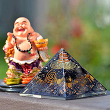 Load image into Gallery viewer, Orgonite Crystal Triple Protection Orgone Pyramid with Black Tourmaline, Tiger Eye and Hematite Crystals – Flower of Life Pyramid Dispels Negative Energy to Promote Luck and Prosperity