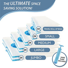 Load image into Gallery viewer, 12 Pack Vacuum Storage Bags, Space Saver Bags (2 Jumbo/2 Large/2 Medium/2 Small/4 Roll) Compression Storage Bags for Comforters and Blankets, Vacuum Sealer Bags for Clothes Storage, Hand Pump Included