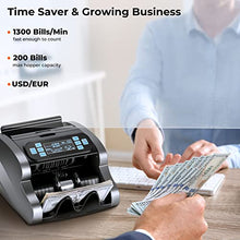 Load image into Gallery viewer, MUNBYN Money Counter Machine with Value Count, UV/MG/IR/MT/DD, USD/EUR Bill Counter, 1300 Bills/min, Add+Batch Mode, LCD Display, 2 Years Warranty