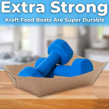 Load image into Gallery viewer, Eco Friendly, USA-Made 3lb Food Holder Trays 150 Pack. Compostable Kraft Paper Container for Diners, Concession Stands or Camping. Best Sturdy 3 Lb Disposable Party Snack Boat for Nachos, Tacos or BBQ