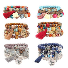 Load image into Gallery viewer, YADOCA 6 Sets Bohemian Wood Beaded Bracelets Set for Women Multilayer Stretch Tassel Bracelets Set Tree of Life Elephant Charm Love Statement Bangles
