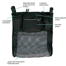 Load image into Gallery viewer, J.L. Childress Cups 'N Cargo, Universal Fit Stroller Organizer with Extra Large Storage, Expandable Deep Cup Holders, Multiple Zippered Pockets, Unique Large Mesh Bag for Larger Items, Black