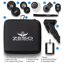 Load image into Gallery viewer, Camera Lens Kit by Coral Entertainments| Professional CPL, Macro & Wide Angle Lenses | Multi-use tripod & Selfie Remote Control | For iPhone, Samsung Galaxy, iPads Tablets | Hard Case & Universal Clip