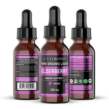 Load image into Gallery viewer, VITBOOST Vegan Liquid B12 Drops – 60 x 5000 mcg Extra Strength Raspberry Flavored Vit B12 Supplement & VITBOOST Extra Strength Vegan 200mg Organic Elderberry Syrup Kids & Adults Antioxidant Supplement