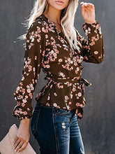 Load image into Gallery viewer, Womens Floral Chiffon Tops V Neck Bell Long Sleeve Shirts Ruffle Wrap Tie Waist Knot Blouses Brown