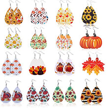 Load image into Gallery viewer, Florideco 16 Pairs Fall Faux Leather Earrings for Women Autumn Teardrop Dangle Earrings Set Pumpkin Sunflower Maple Leaf Thanksgiving Jewelry (Style E)