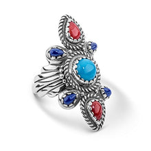 Load image into Gallery viewer, American West Sterling Silver Turquoise, Blue Lapis and Red Coral Gemstone Scalloped Bold Ring Size 5