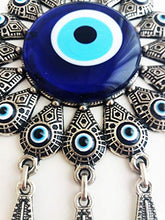 Load image into Gallery viewer, Erbulus Turkish Glass Blue Evil Eye Wall Hanging Ornament with Flower Design - Metal Home Decor - Turkish Nazar Bead Amulet - Protection and Good Luck Charm Gift in a Box