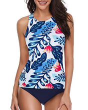 Load image into Gallery viewer, Holipick Women Blue Floral Tankini Swimsuits High Neck Swim Tank Tops Tummy Control Two Piece Bathing Suits Halter Swimwear L