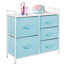 Load image into Gallery viewer, mDesign Wide Dresser 5 Drawers Storage Furniture - Wood Top, Easy Pull Fabric Bins - Organizer for Child/Kids Room or Nursery - Polka Dot Pattern, 32.6" W - Turquoise Blue with White Dots