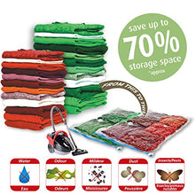 Load image into Gallery viewer, VacPack Space Saver Bags 30-Pack Vacuum Storage Compression Bags ( 5 Jumbo, 5 Large, 5 Medium, 5 Small, 5 Suitcase Travel Bags, 5 Carry-on Travel Bags and 1 hand pump)