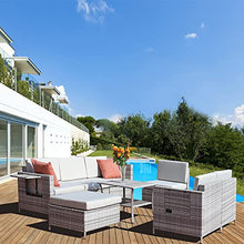 Load image into Gallery viewer, DECMICO 8-Piece Patio Rattan Sectional Sofa Sleeper, Outdoor Furniture Conversation Set for Garden and Lawn with Wicker Coffee Table and Light Grey Waterproof Cushions