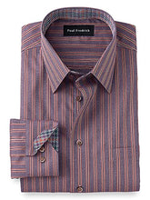 Load image into Gallery viewer, Paul Fredrick Men's Classic Fit Non-Iron Cotton Stripe Dress Shirt Grey/Burgundy 17.5/35 DHR490B