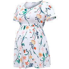 Load image into Gallery viewer, Bearsland Maternity Tops Short Sleeve Scoop Neck Breastfeeding Shirt Pregnancy Clothes,Green&Light Gray&White Flower,M