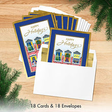 Load image into Gallery viewer, Designer Greetings Interfaith Boxed Christmas Cards, Apartment Windows with Christmas and Hanukkah Holiday Symbols (Box of 18 Gold Foil Embossed Cards with Envelopes)