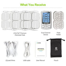 Load image into Gallery viewer, AUVON Dual Channel TENS EMS Unit 24 Modes Muscle Stimulator for Pain Relief, Rechargeable TENS Machine Massager with 12 Pads, ABS Pads Holder, USB Charger and Dust-Proof Storage Bag