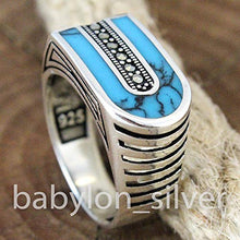 Load image into Gallery viewer, Solid 925 Sterling Silver Turkish Handmade Marcasite & Simulated Turquoise Luxury Men's Ring (8)