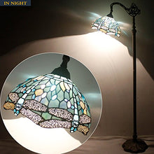 Load image into Gallery viewer, Tiffany Style Reading Floor Lamp Sea Blue Stained Glass Crystal Bead Dragonfly 12 Inch Lampshade 64 Inch Tall Arched Base Antique Light for Living Room Bedroom Coffee Table Gifts S147 WERFACTORY