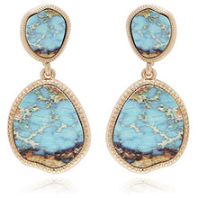 Load image into Gallery viewer, BONALUNA Bohemian Wood And Marble Effect Oval Shaped Drop Statement Earrings (TURQUOISE)