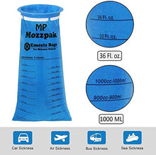 Load image into Gallery viewer, MP MOZZPAK Vomit Bags – 24 Pack – 1000ml Emesis Bags – Leak Resistant, Medical Grade, Portable, Disposable Barf Bags, Puke, Throw Up, Nausea Bags for Travel Motion Sickness, Car & Aircraft, Kids, Taxi