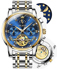 Load image into Gallery viewer, Men Watch Blue Automatic Easy Reader Moon Phase Mechanical Dress Luxury Wristwatch Stainless Steel Waterproof Luminous Date Gold
