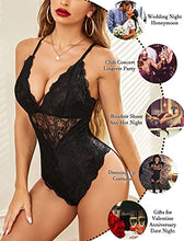 Load image into Gallery viewer, Avidlove Button Crotch Lingerie Women Deep V Lace Teddy Bodysuit One Piece Babydoll(Black,S)
