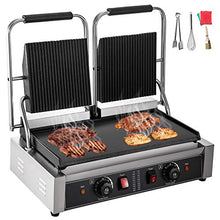 Load image into Gallery viewer, Happybuy 110V Commercial Sandwich Panini Press Grill 2X1800W Temperature Control 122°F-572°F Commercial Panini Grill Non Stick Surface for Hamburgers Steaks Bacons (Up Grooved and Down Flat Plates)