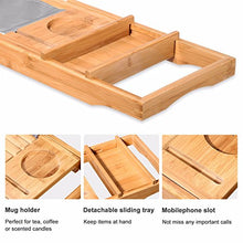 Load image into Gallery viewer, BOSSJOY Luxury Wood Bamboo Bathtub Bath Tub Caddy Tray with Extending Sides Built in Book Tablet Phone Wineglass Holder