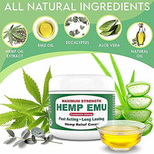 Load image into Gallery viewer, Hemp Emu Cream - Made In USA - Natural Hemp Cream Soothes Discomfort in Joints, Muscles, Back, Knees - Premium Hemp Oil Extract, Emu Oil, Menthol, Eucalyptus & Natural Oils - 4oz