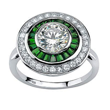 Load image into Gallery viewer, Platinum over Sterling Silver Round Cubic Zirconia and Baguette Green Simulated Emerald Halo Ring Size 7