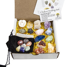 Load image into Gallery viewer, 21 Healing Crystals and Chakra Kit: Amethyst, Selenite, Pyrite, Clear Quartz, Half Geode, Rose Quartz, Citrine, Desert Rose, Agate, Tourmaline and 4 Calcites (Red,Green,Blue,Orange) + 7 Chakra Stones