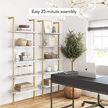 Load image into Gallery viewer, Nathan James Theo 5-Shelf Modern Bookcase, Open Wall Mount Ladder Bookshelf with Industrial Metal Frame, White/Gold