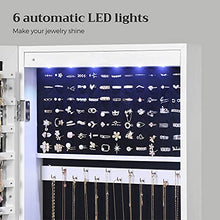 Load image into Gallery viewer, SONGMICS 6 LEDs Mirror Jewelry Cabinet, 47.2"H Lockable Wall/Door Mounted Jewelry Armoire Organizer with Mirror, 2 Drawers, White UJJC93W