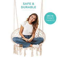 Load image into Gallery viewer, Best Choice Products Handwoven Cotton Macramé Hammock Hanging Chair Swing for Indoor & Outdoor Use w/Backrest, Fringe Tassels, 265 Pound Capacity - Beige