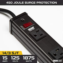Load image into Gallery viewer, 9 Outlet Heavy Duty Surge Protector Power Strip - 14/3 SJT Black Metal Surge Suppressor with 9 Foot Long Extension Cord