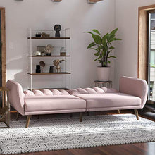 Load image into Gallery viewer, Novogratz Brittany Sofa Futon, Premium Linen Upholstery and Wooden Legs, Pink Linen