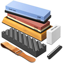 Load image into Gallery viewer, Complete Knife Sharpening Stone Set – Dual Grit Whetstone 400/1000 3000/8000 Premium Whetstone Knife Sharpener with Leather Strop, Flattening Stone, Bamboo Base, 3 Non-slip Rubber Bases & Angle Guide