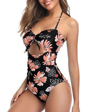 Load image into Gallery viewer, Tempt Me Women Floral Sexy Cutout One Piece Swimsuits Tummy Control High Waisted Halter Front Tie Knot Bathing Suit S
